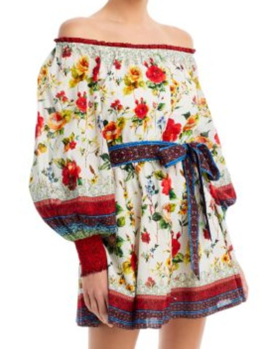 Alice & Olivia Mary Off Shoulder Mini Dress Medium Dew Floral Belted